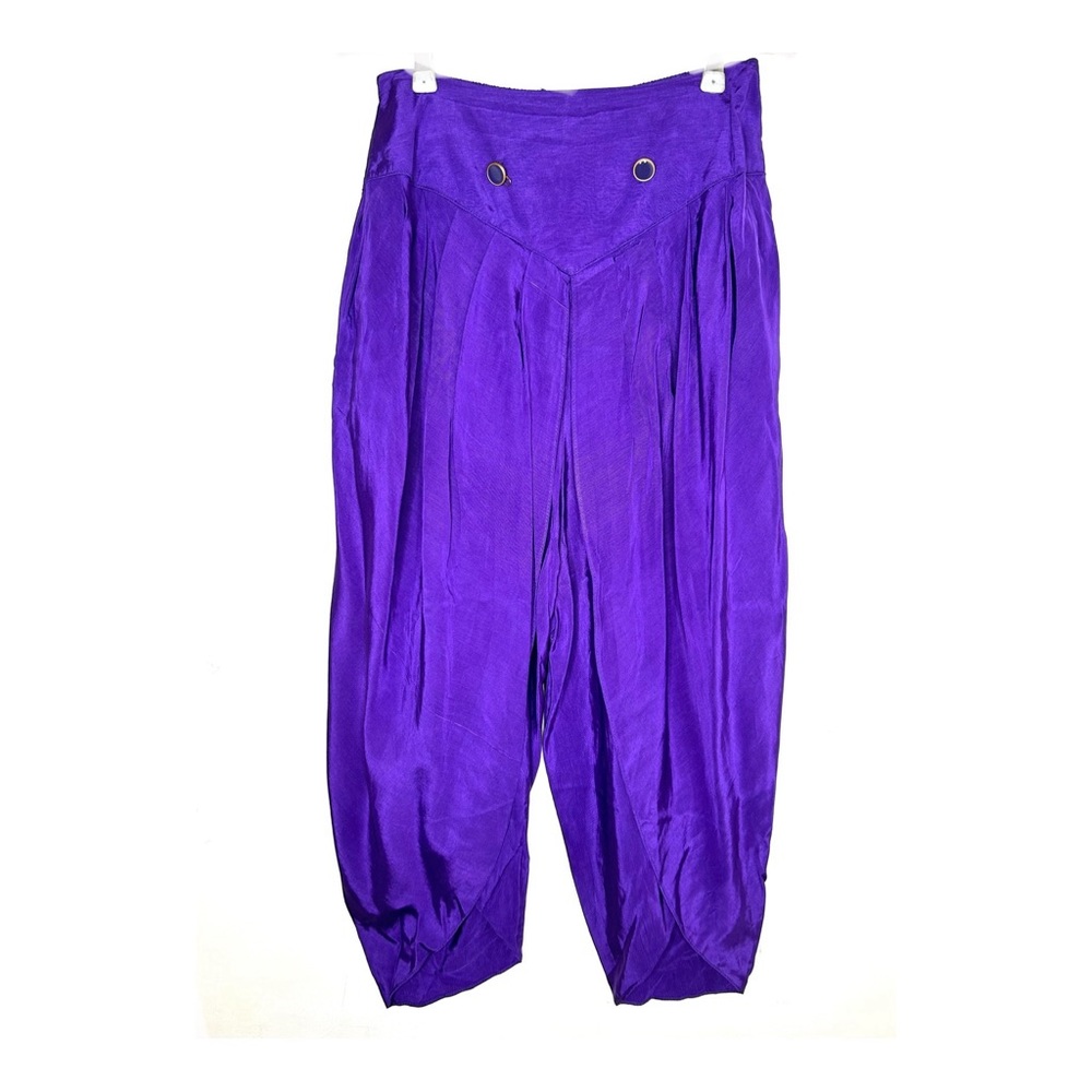 Vintage 80s Harem Pants Yoke Waist Textured Rayon Flowy Slit Leg Purple Boho S